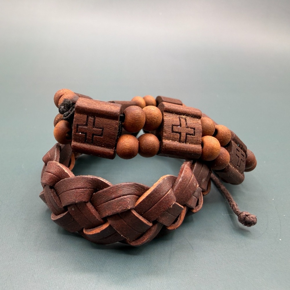 Set of 2 Brown Wooden Bead Braided Cord Cross Bracelets Boho Christian Gift Men - Picture 4 of 17